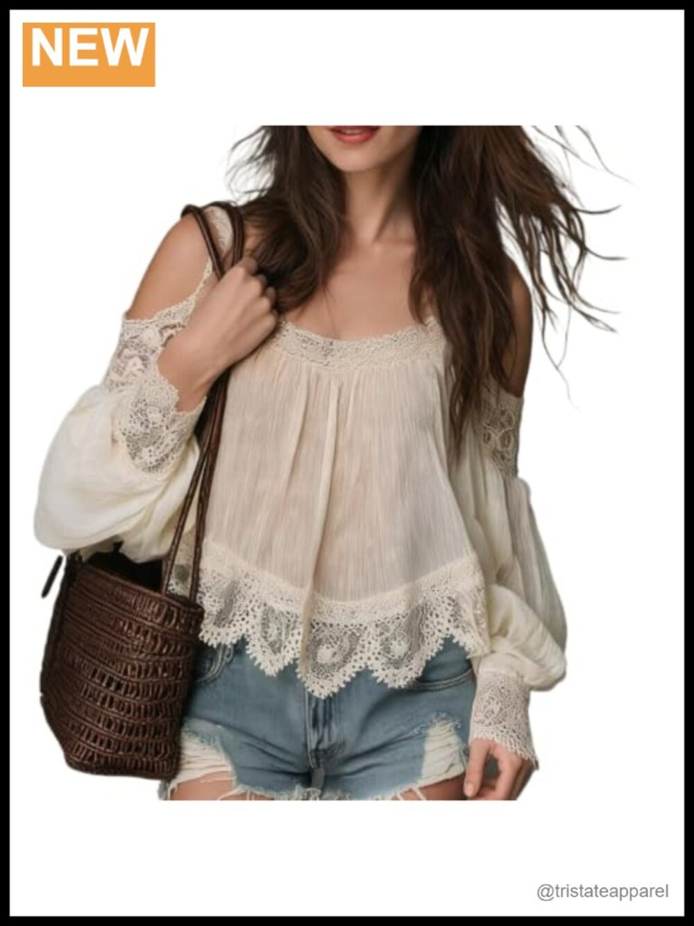 Vintage Lace Cold Shoulder Blouse Lantern Sleeve Boho Cropped Top Bridal Guest